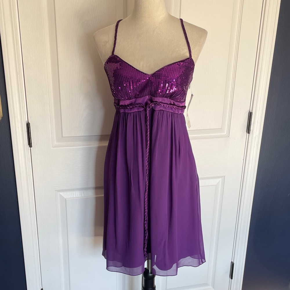 NWT Democracy Silk Y2K Purple Sequin Spaghetti Strap Mini Dress Size 6โ